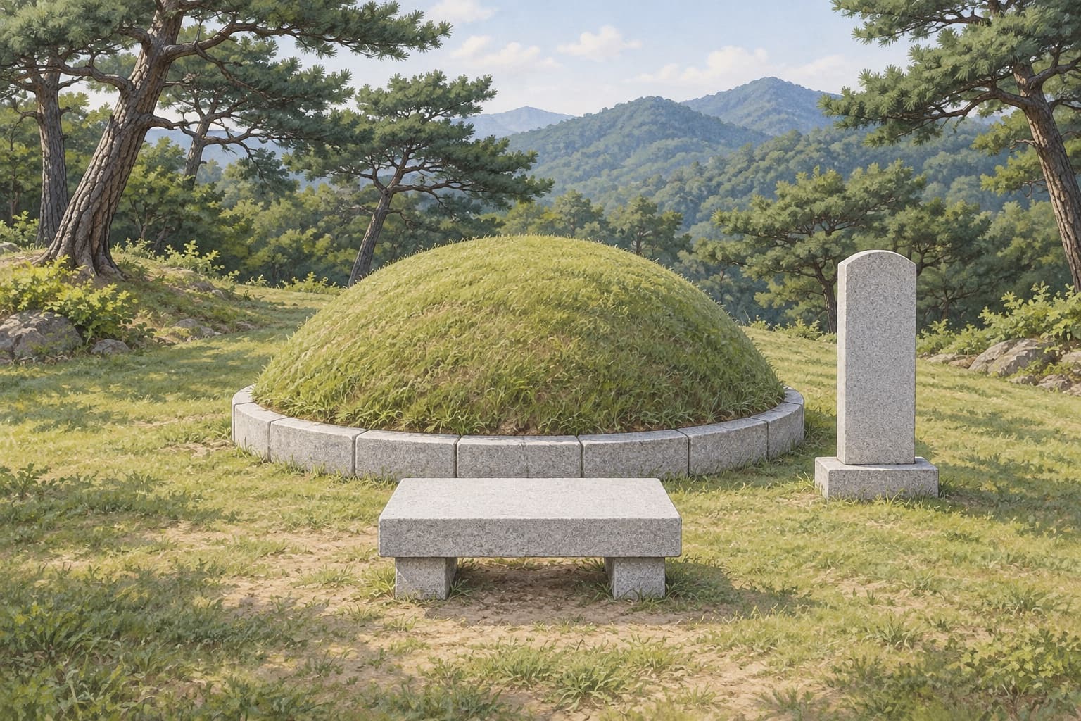 봉분 아래 둘레석, 앞쪽 상석, 옆쪽 비석을 보여주는 묘지 설명 그림